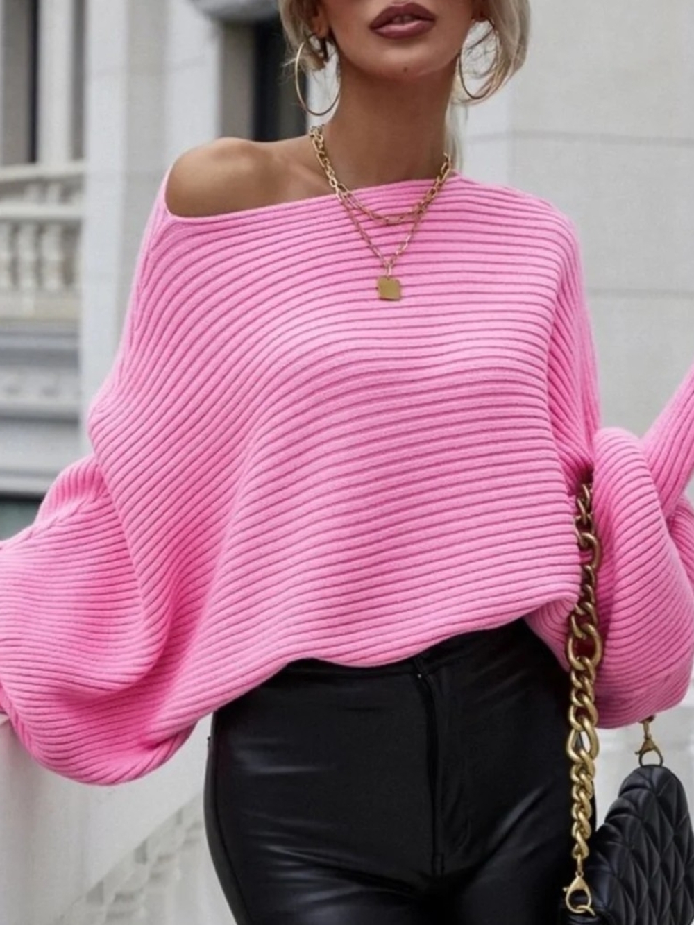 Off-Shoulder Ribbed Knit Sweater - Pink
